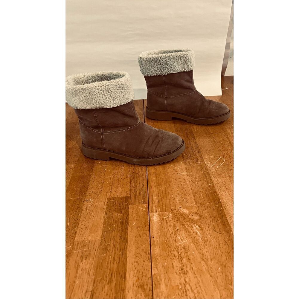 OLD NAVY BROWN SUEDE ANKLE BOOTS FAUX SHEARLING LINING GIRLS SZ 3 - Picture 3 of 10
